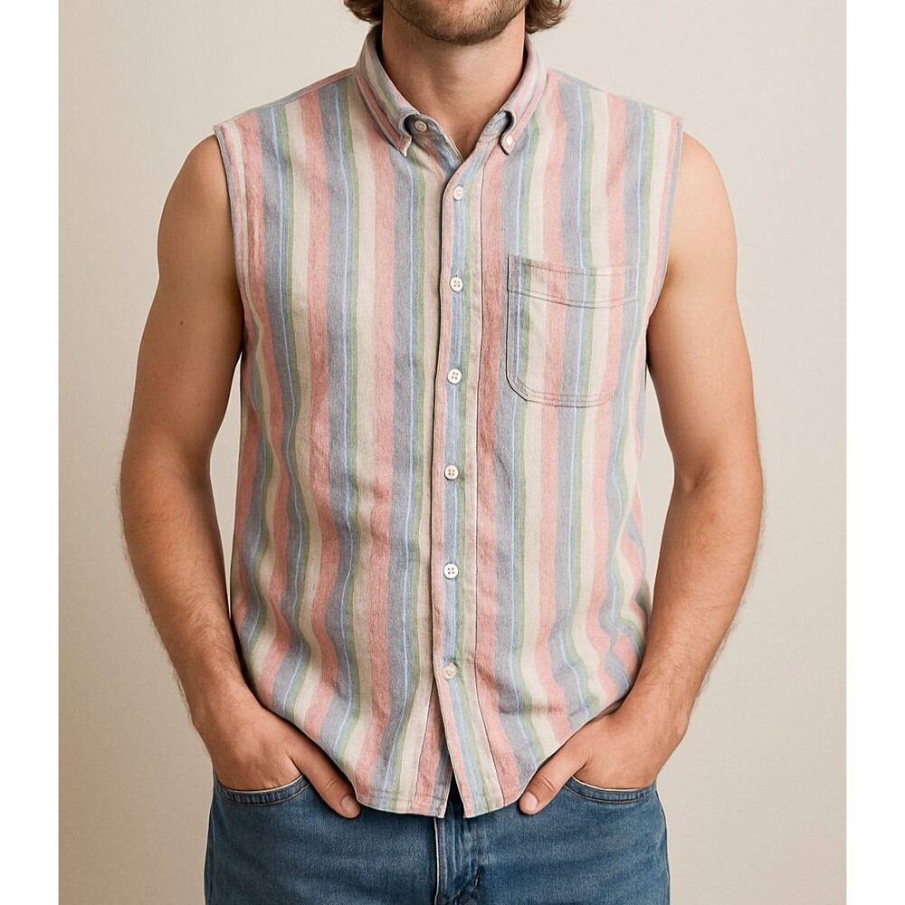 Orvis‎ Linen Blend Button Down Shirt L Multicolor Striped Short Sleeve Casual